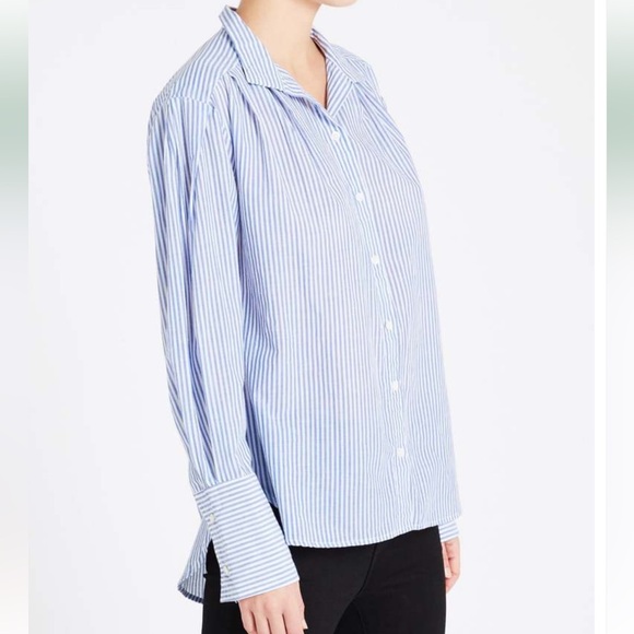 Frame Denim Pleated Clean Collar Blouse Navy Multi Blue White Stripe size Large - Picture 15 of 16